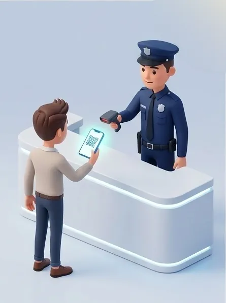 Güvenlik görevlisi ziyaretçinin telefonundaki QR kodu okutuyor